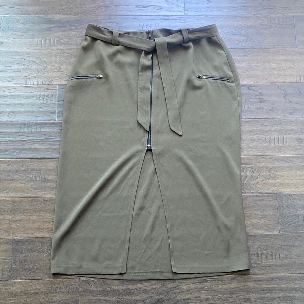 ASOS Midi Skirt with Belt Womens Sz 14 Army Green Olive Zipper Slit Front